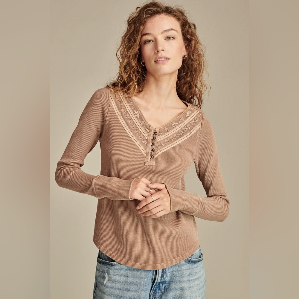 Lucky Brand Waffle Knit Mesh Yoke Embroidered Henley Top